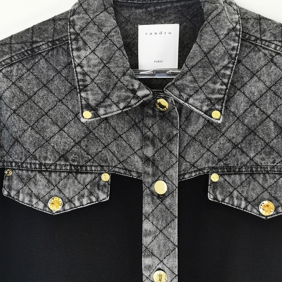 Sandro Paris Coat Size 0 XS Viscose Denim combo Jean Jacket Black Grey Gold Trim - Picture 4 of 15